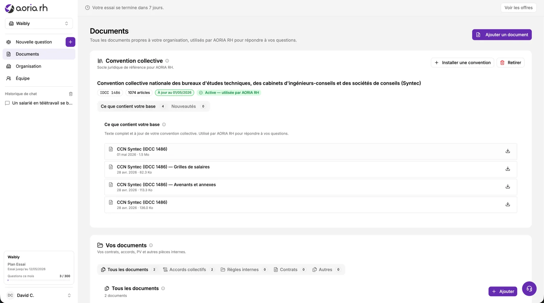 Interface Aoria RH — page Documents avec convention collective Syntec (IDCC 1486) et documents internes