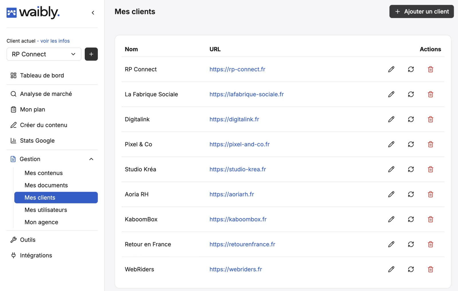 Selector de entorno de cliente en Waibly Agency