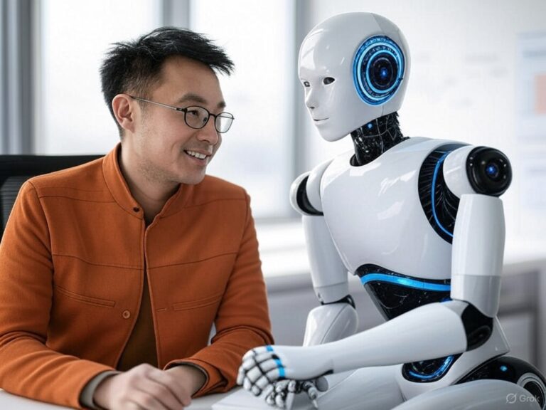 Rédacteur humain et robot IA collaborant dans un bureau pour rédiger des textes qui convertissent et augmentent les ventes