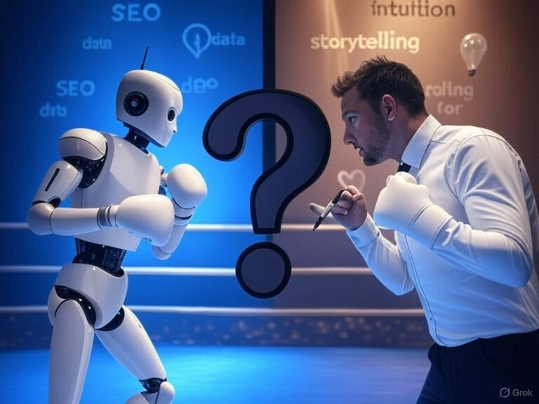Confrontation entre un robot IA et un rédacteur SEO humain dans un ring de boxe avec un point d'interrogation, symbolisant l'analyse de l'IA texte face à la rédaction SEO