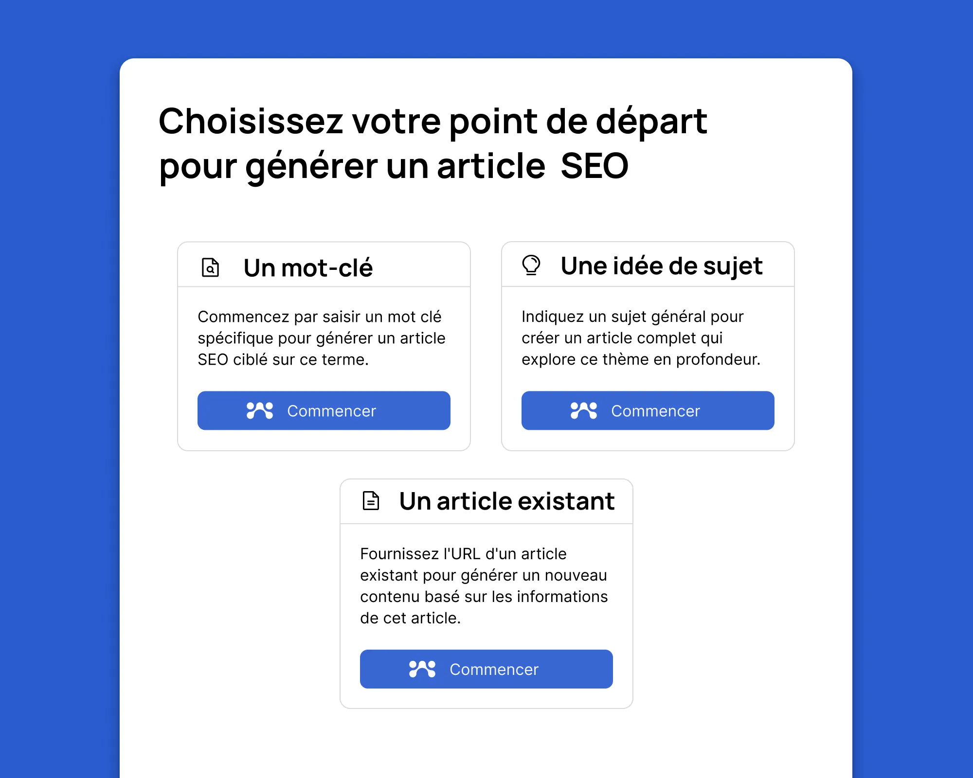 Options de création d'articles SEO Waibly à partir d'un mot-clé, une idée ou un article existant