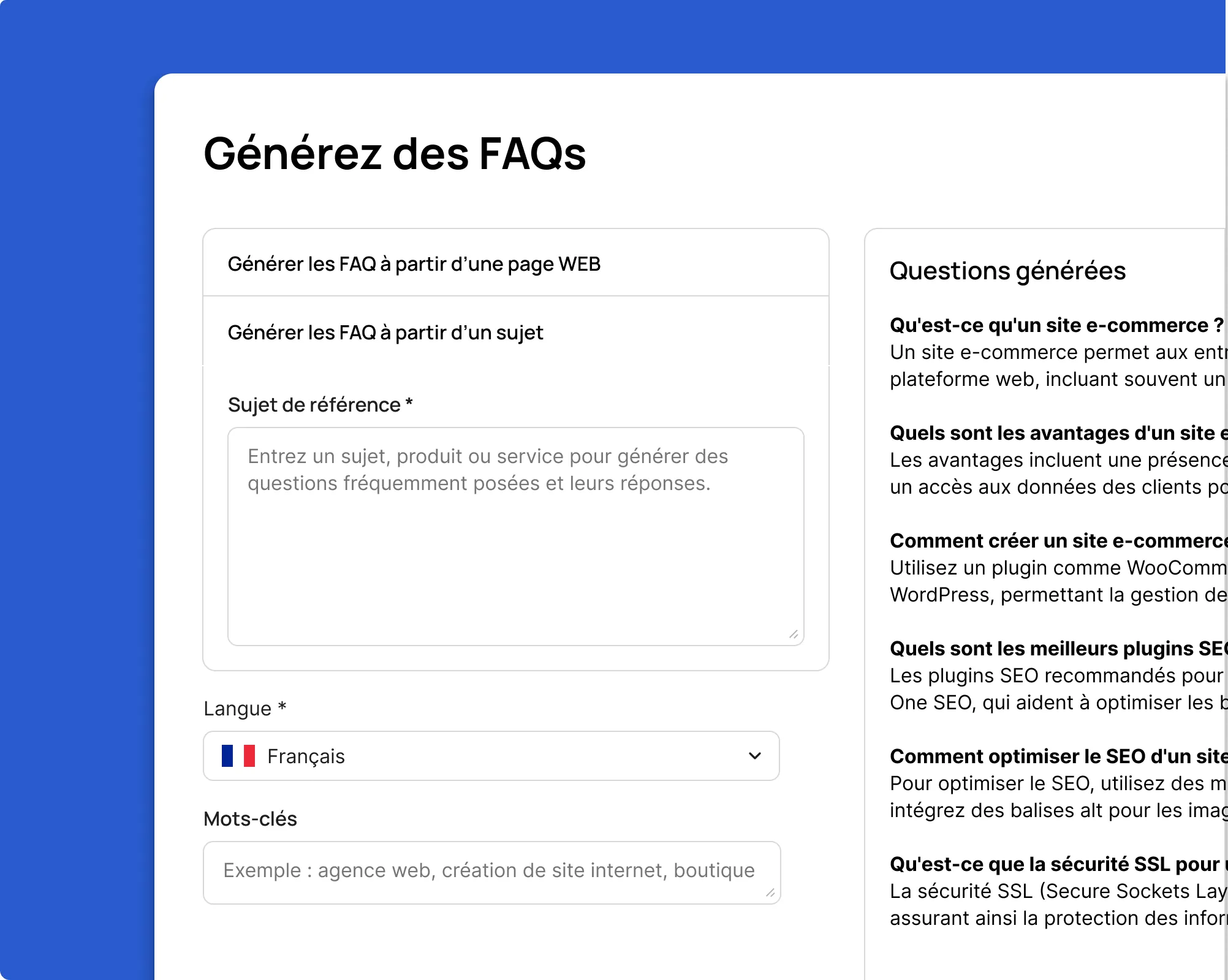 Interface de génération de FAQs Waibly permettant la création de questions-réponses optimisées SEO