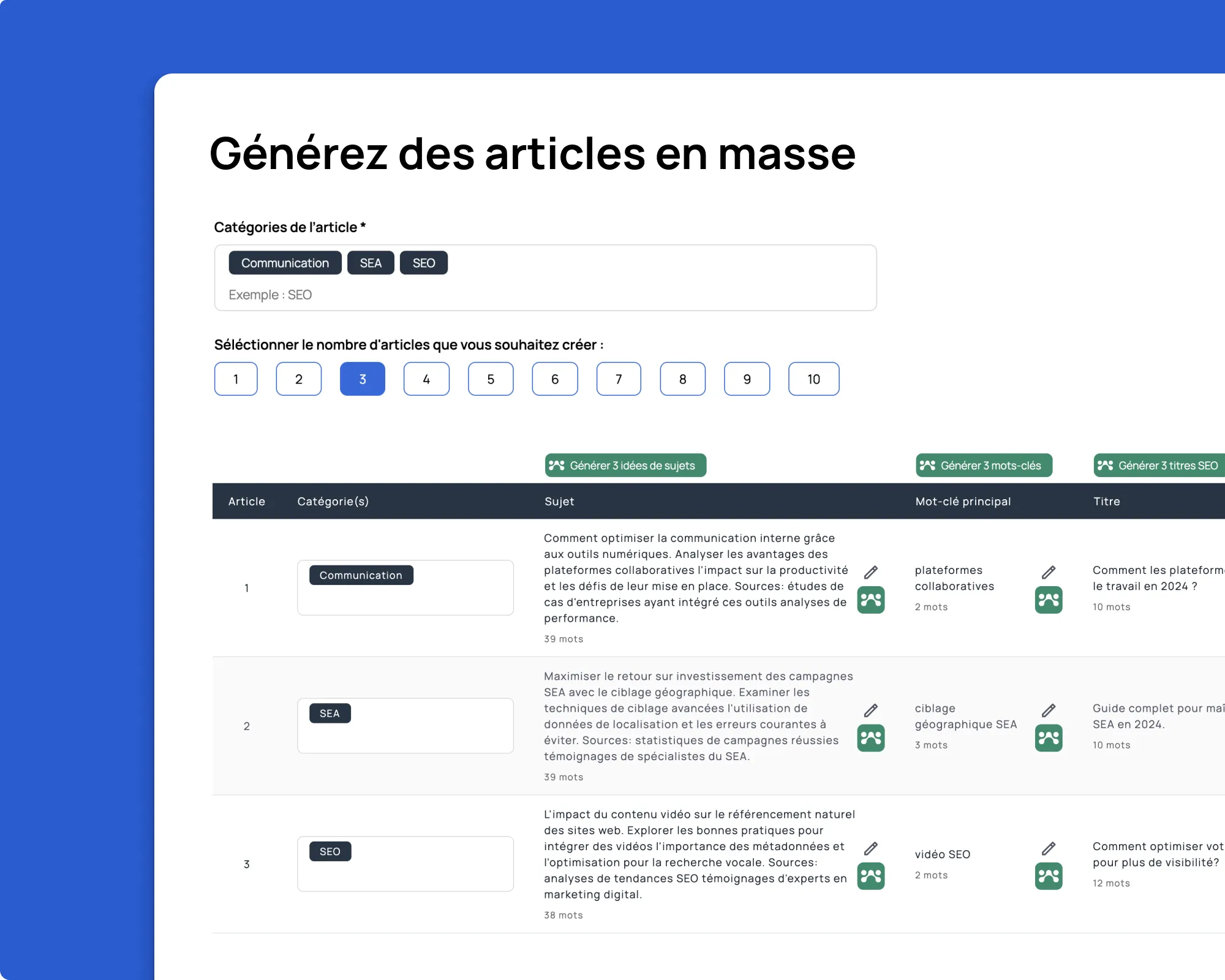 Interface Waibly pour la génération d'articles SEO en masse avec sélection de catégories