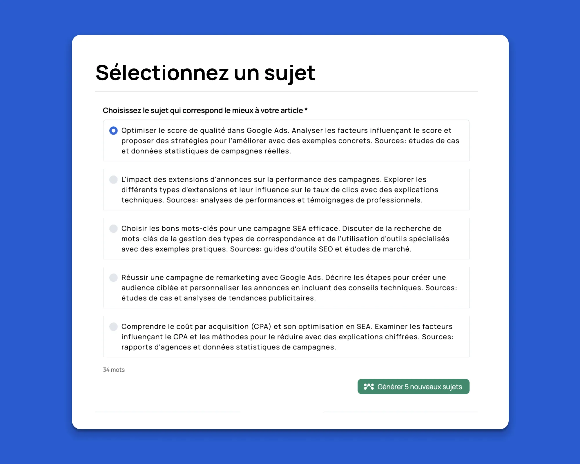 Interface de sélection de sujets SEA et SEO dans Waibly avec propositions détaillées
