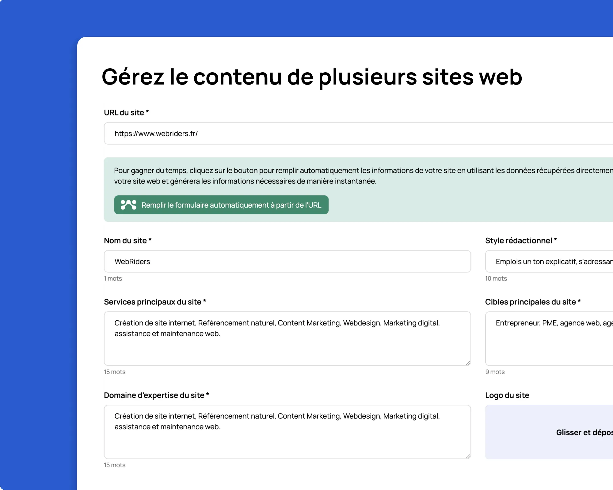Interface de gestion multi-sites de Waibly avec formulaire de configuration automatique