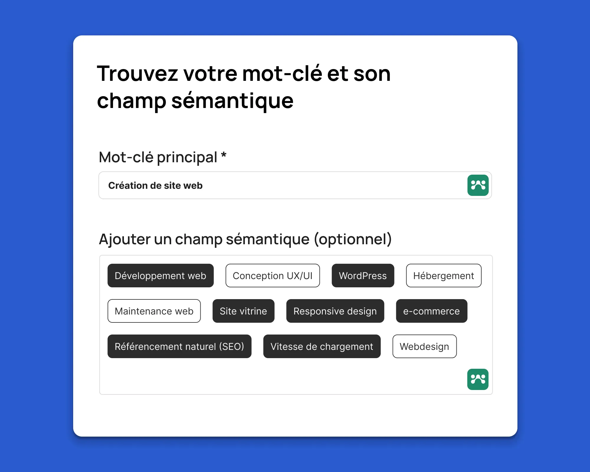 Interface de recherche de mots-clés et champ sémantique Waibly pour la création d'article optimisé SEO